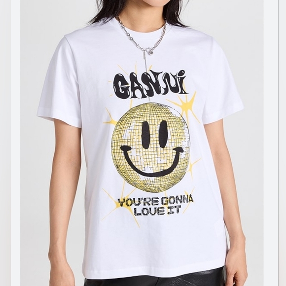 Ganni Smiley Jersey Graphic T-Shirt – Altered XS (Originally S) - Picture 1 of 5
